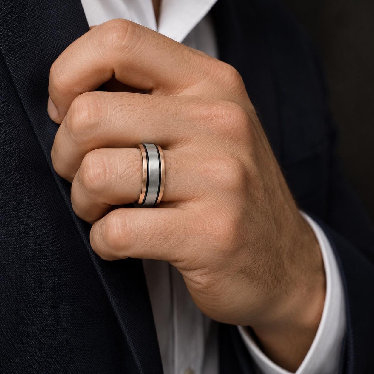 A close-up of a man's hand wearing a ring, with a suit jacket visible in the background.