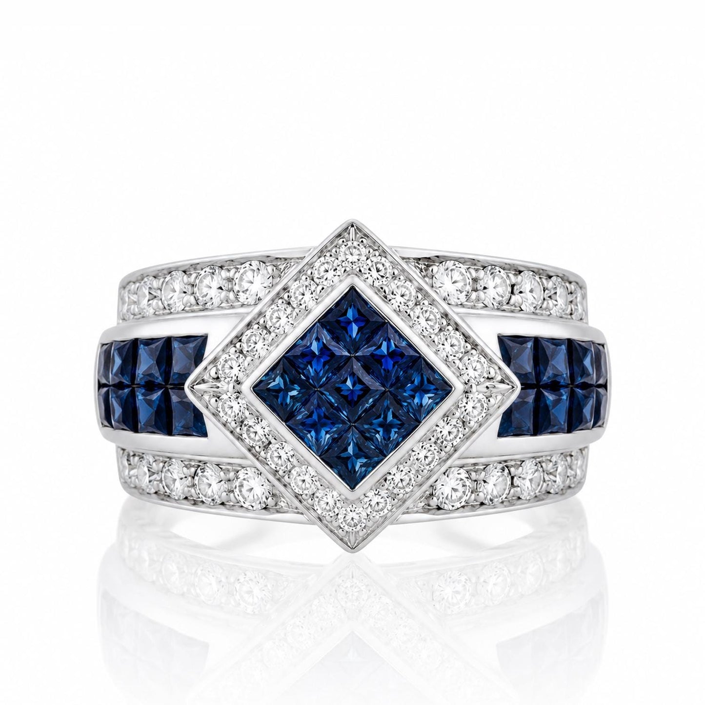 A diamond ring with a large central diamond surrounded by smaller diamonds, set in a silver band.