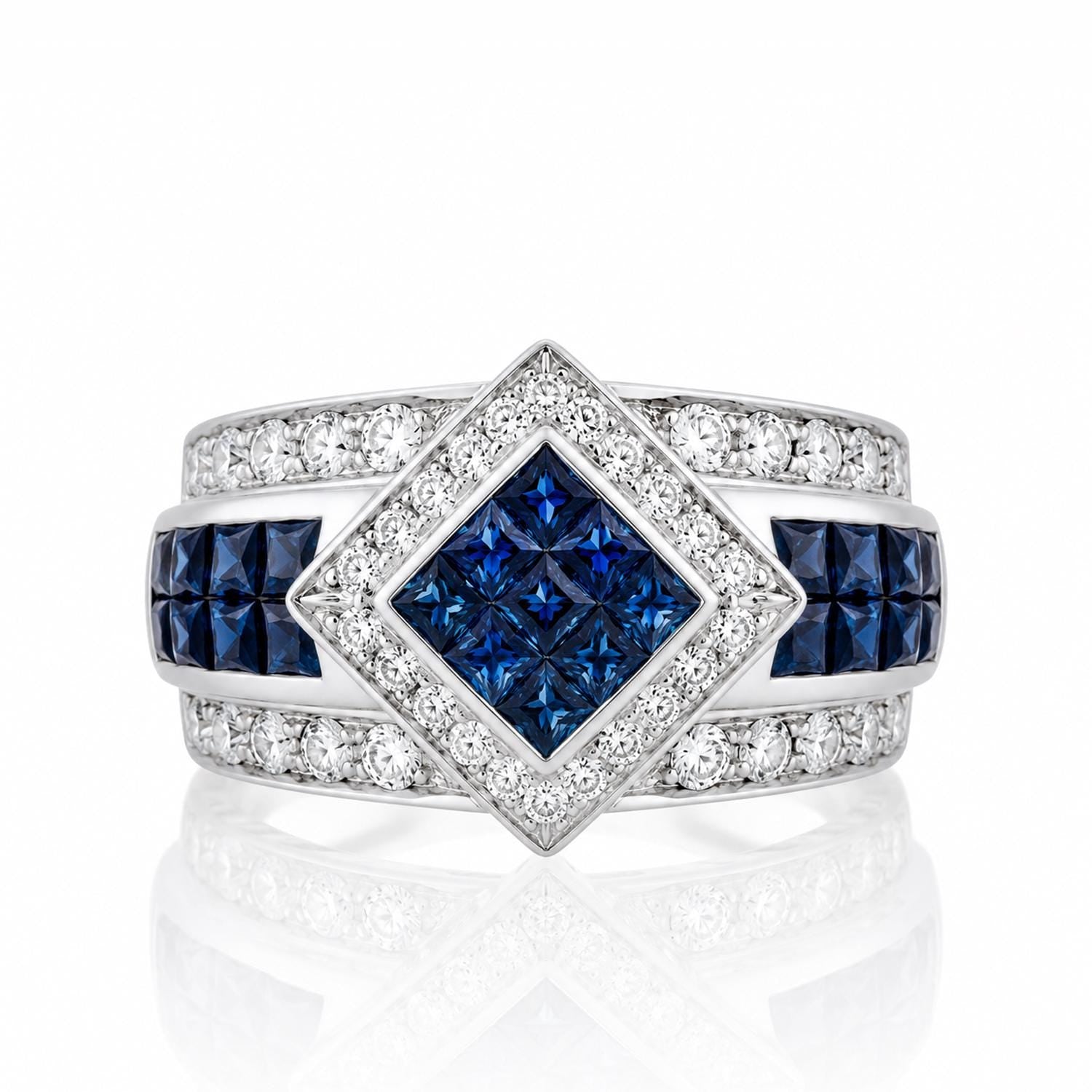 A diamond ring with a large central diamond surrounded by smaller diamonds, set in a silver band.