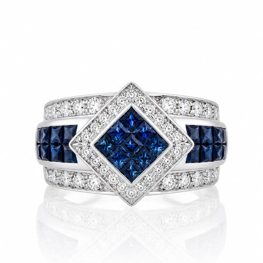 A diamond ring with a large central diamond surrounded by smaller diamonds, set in a silver band.