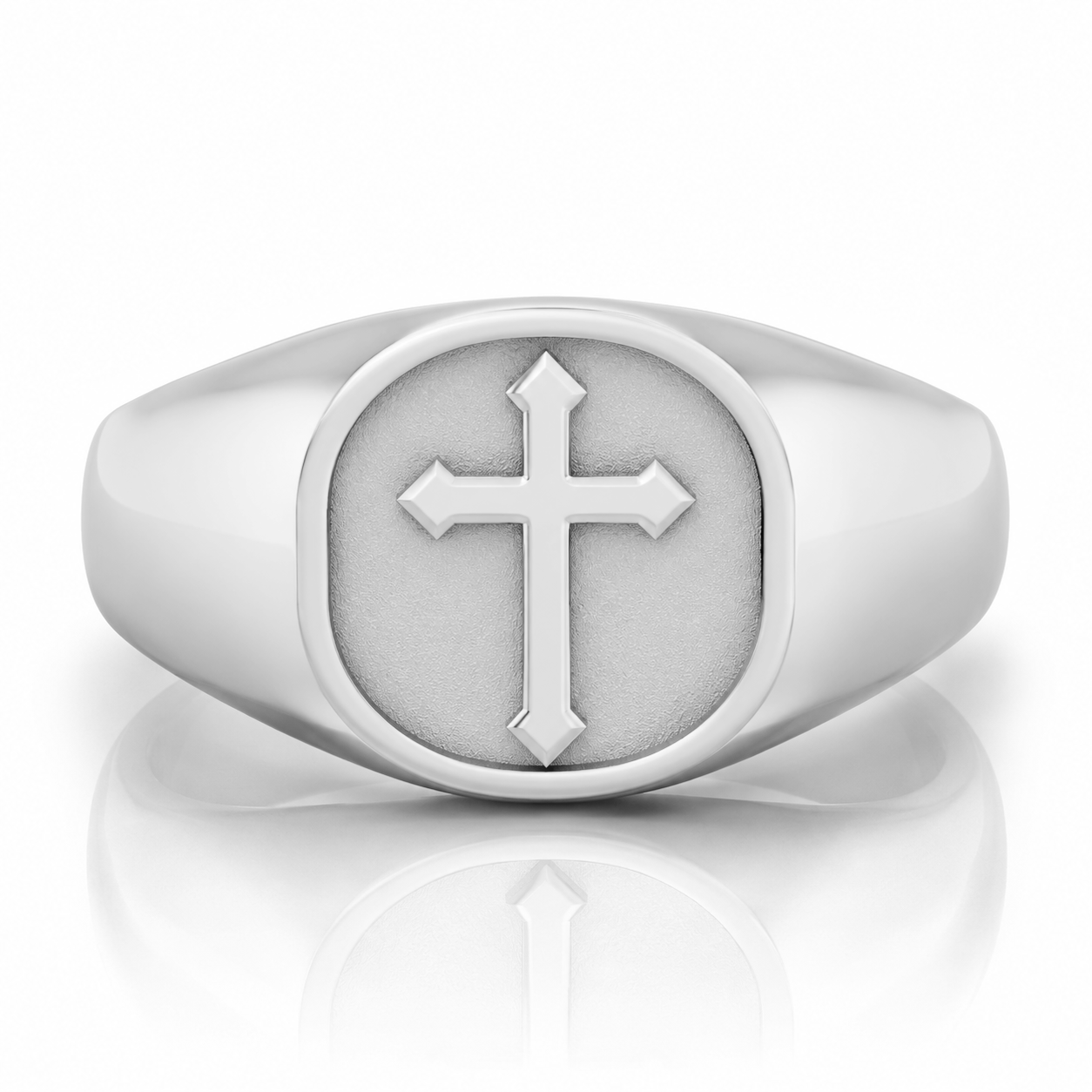 A silver ring with a large cross symbol in the center.