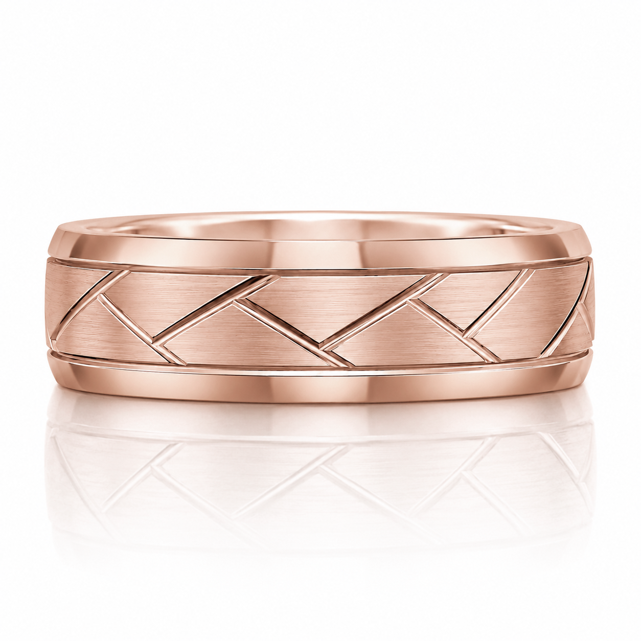 A rose gold ring with a geometric pattern design.