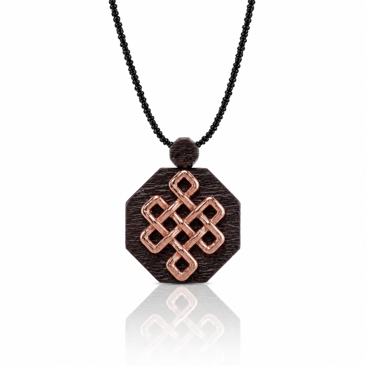 A necklace with a wooden pendant featuring a geometric design in copper color.