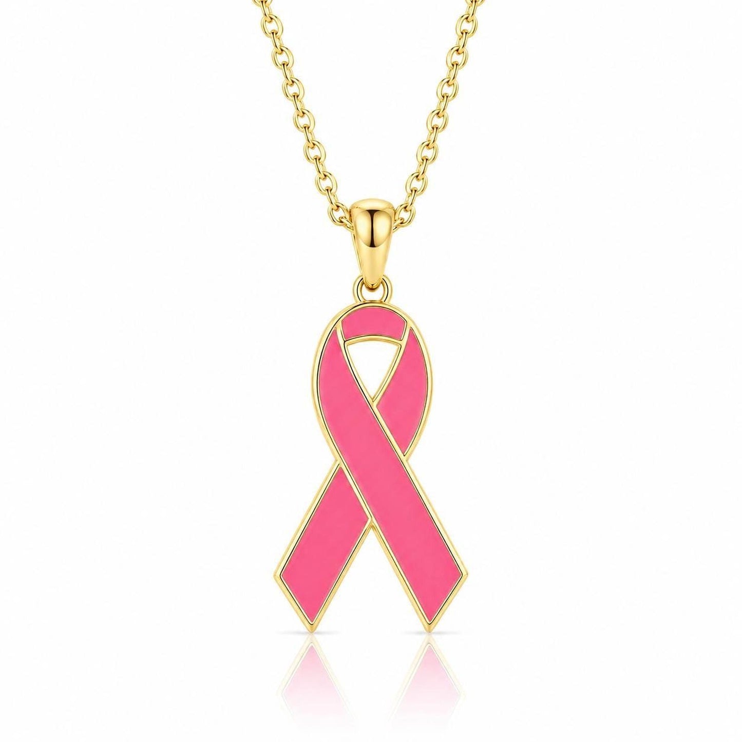 A gold-colored necklace with a pendant in the shape of a pink ribbon, which is a symbol associated with breast cancer awareness.