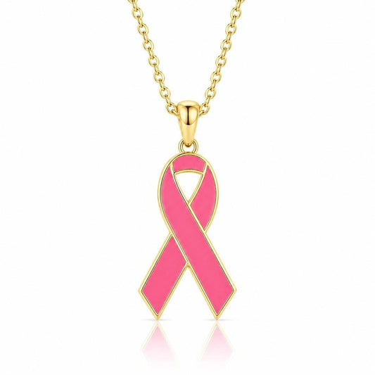 A gold-colored necklace with a pendant in the shape of a pink ribbon, which is a symbol associated with breast cancer awareness.