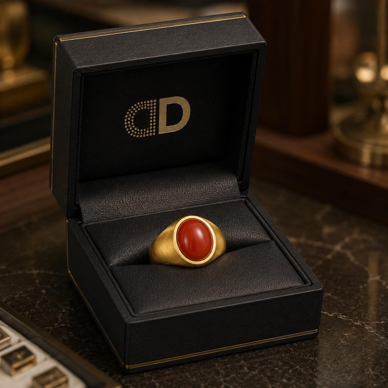 A gold ring with a red gemstone is displayed in a black jewelry box with a gold logo on the lid.