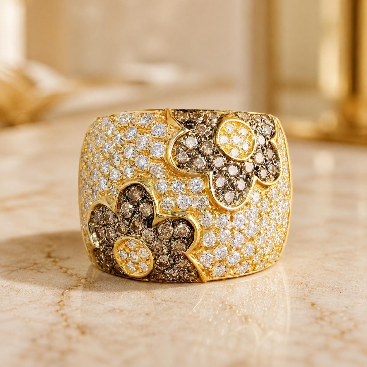 A gold ring with a floral design and numerous diamonds set in it, placed on a marble surface.