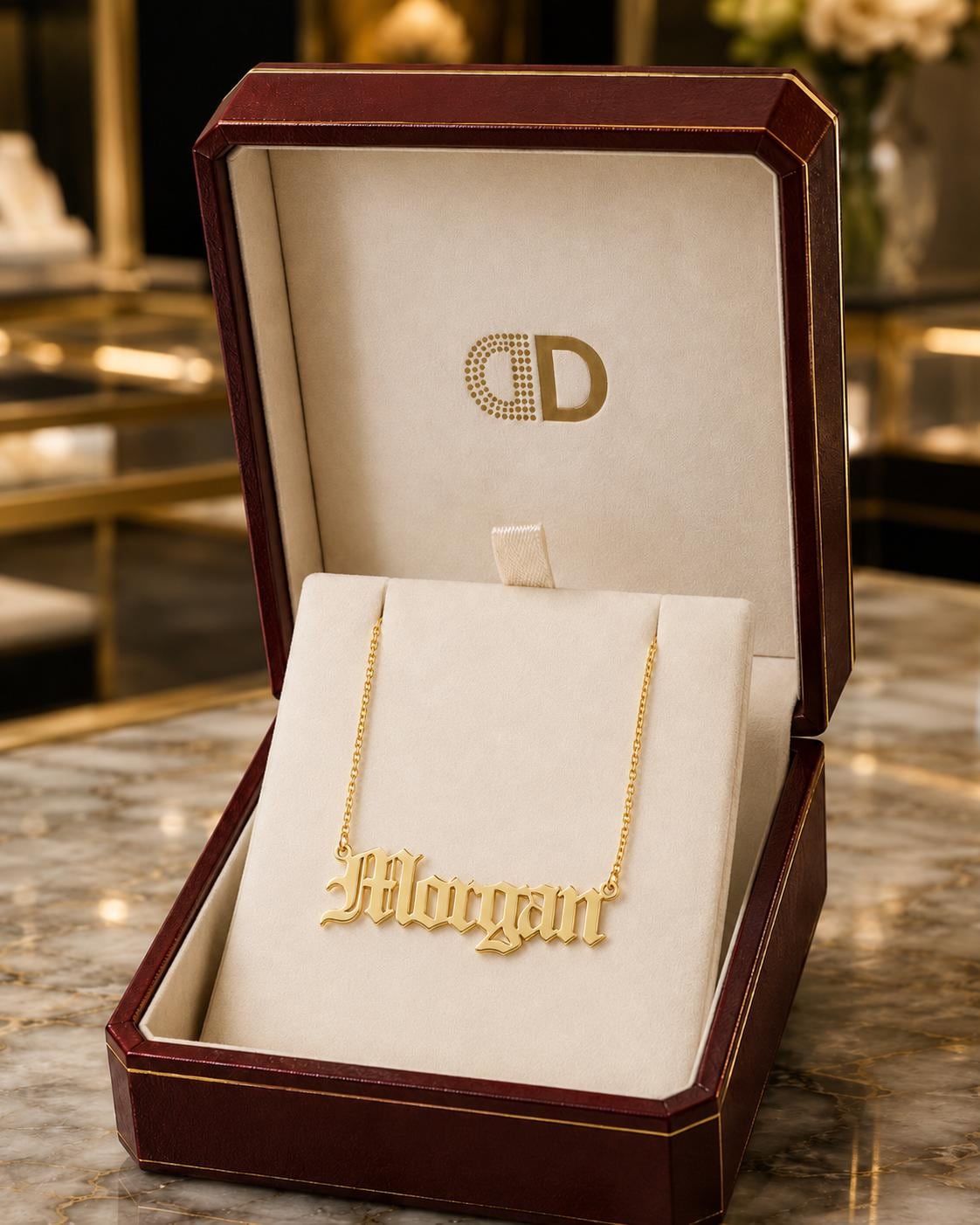 A gold necklace with the name "Morgan" engraved on it, displayed in a burgundy jewelry box.
