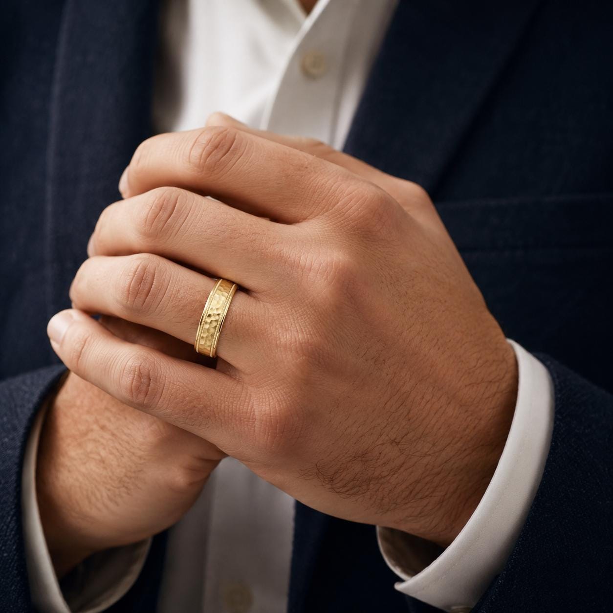 A close-up image of a man's hands wearing a gold ring, with his fingers gently curled together.