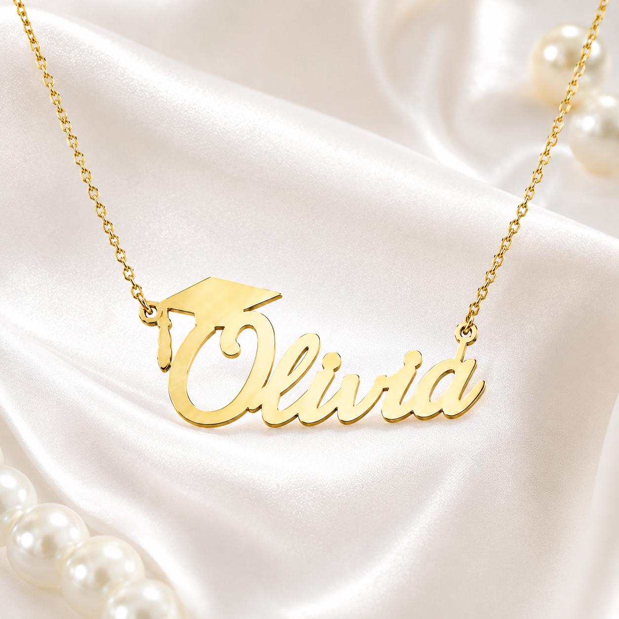 A gold necklace with a personalized nameplate that says "Olivia".