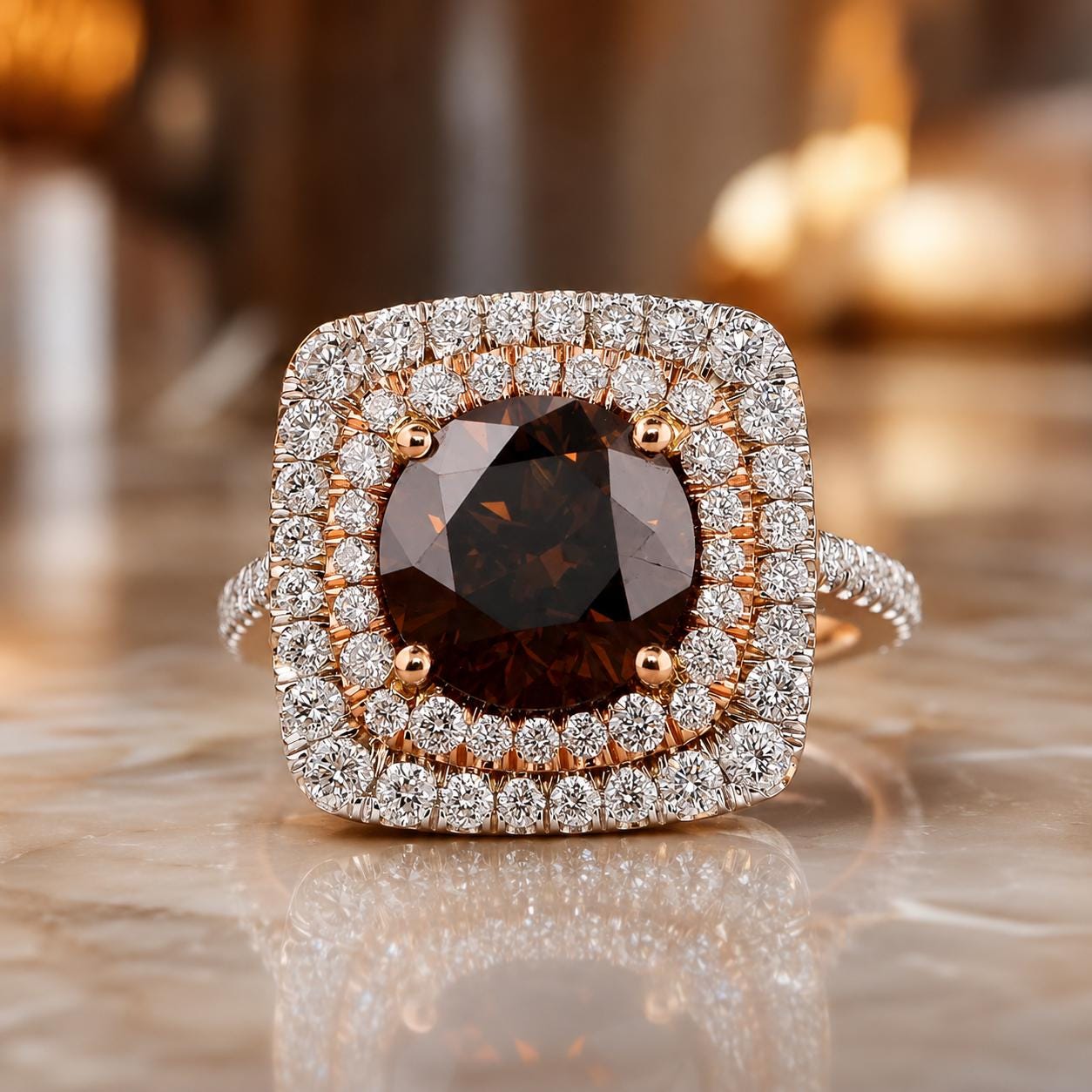 A diamond ring with a large, dark brown gemstone surrounded by a halo of smaller diamonds set in a gold and white color scheme.