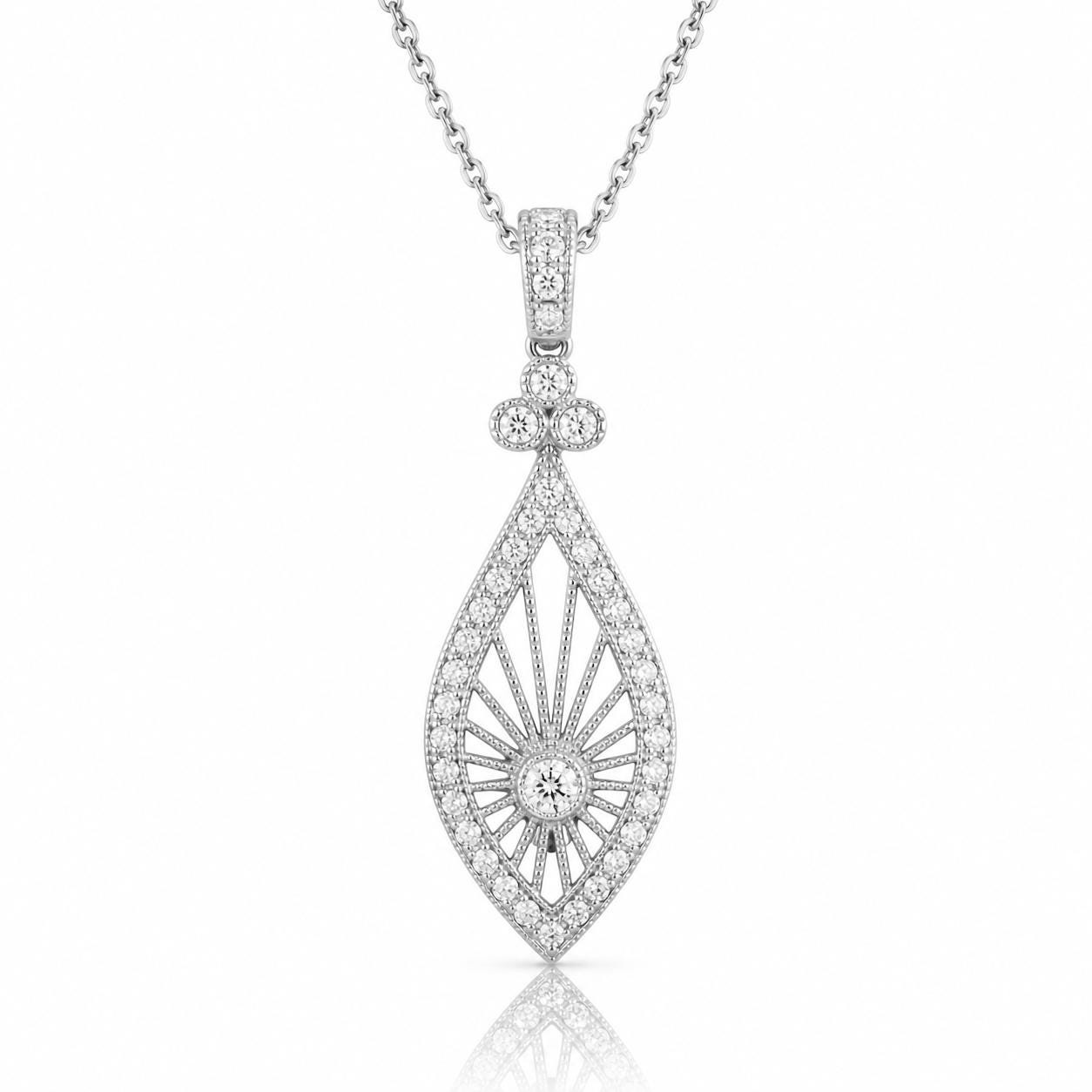 A silver necklace with a pendant featuring a large central diamond surrounded by smaller diamonds arranged in a fan-like pattern.