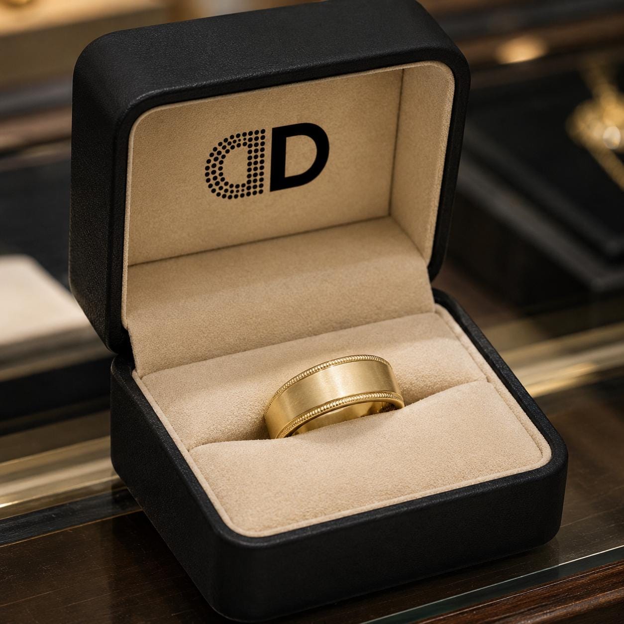 A gold wedding band is displayed in a black jewelry box with a beige interior.