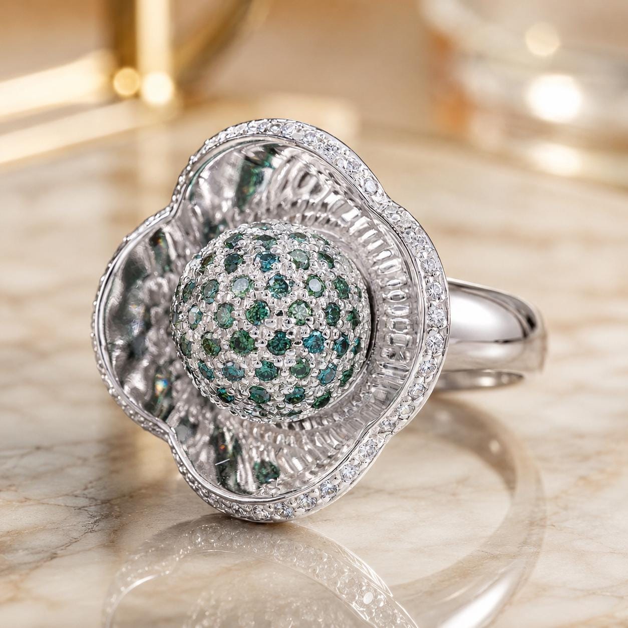 A silver ring with a large, round gemstone at the center, surrounded by smaller diamonds.