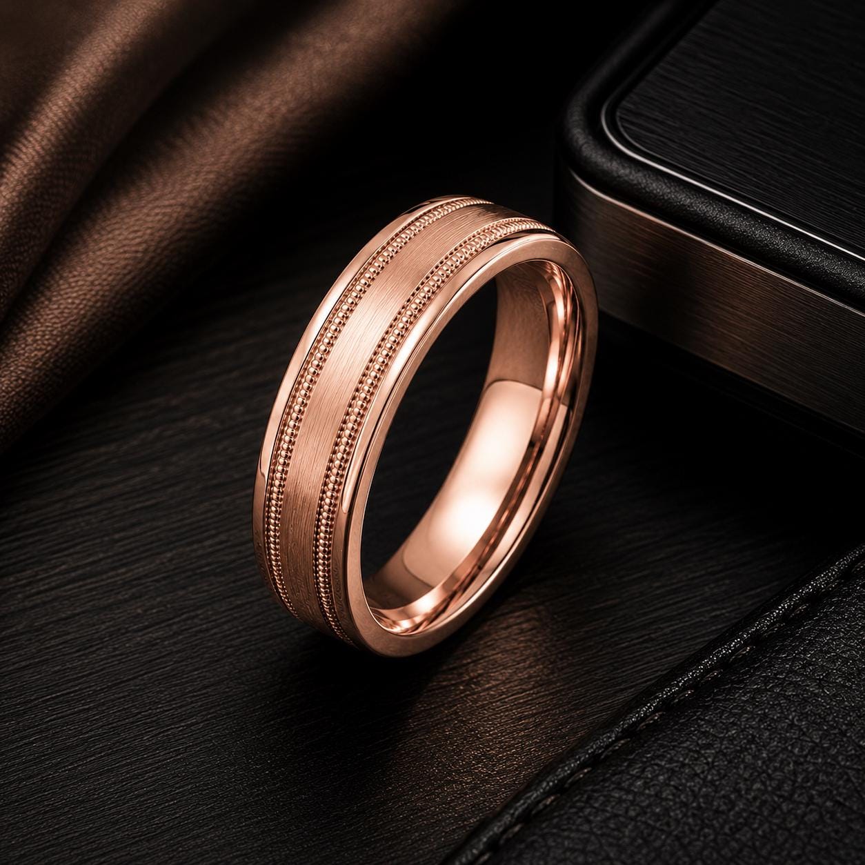 A gold-colored ring with a textured band is displayed on a black surface, with a black object partially visible in the background.