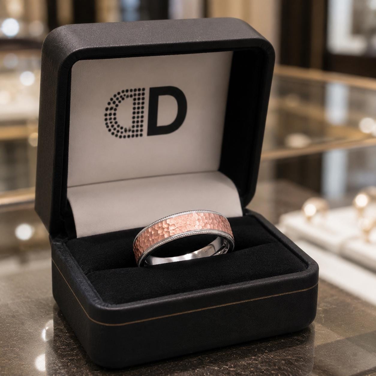 A ring is displayed in a black jewelry box with a white interior, placed on a glass countertop.