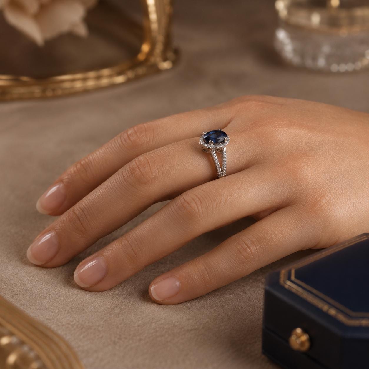 A close-up of a hand wearing a diamond ring with a blue gemstone, resting on a surface with a gold-colored box and other jewelry items in the background.