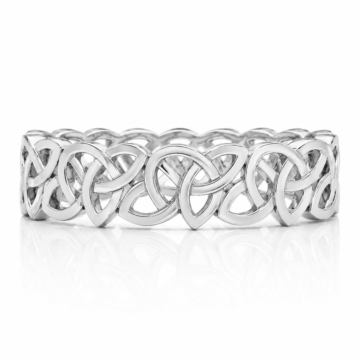 A silver bracelet with an intricate, interlocking design.