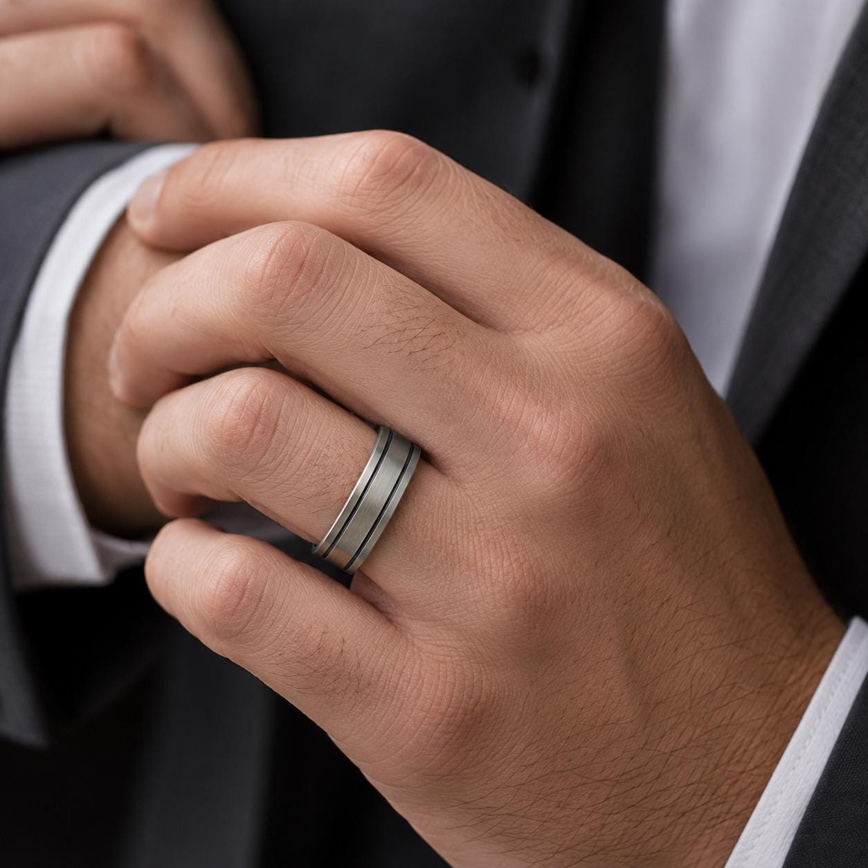 A close-up of a person's hand wearing a silver ring on the ring finger.