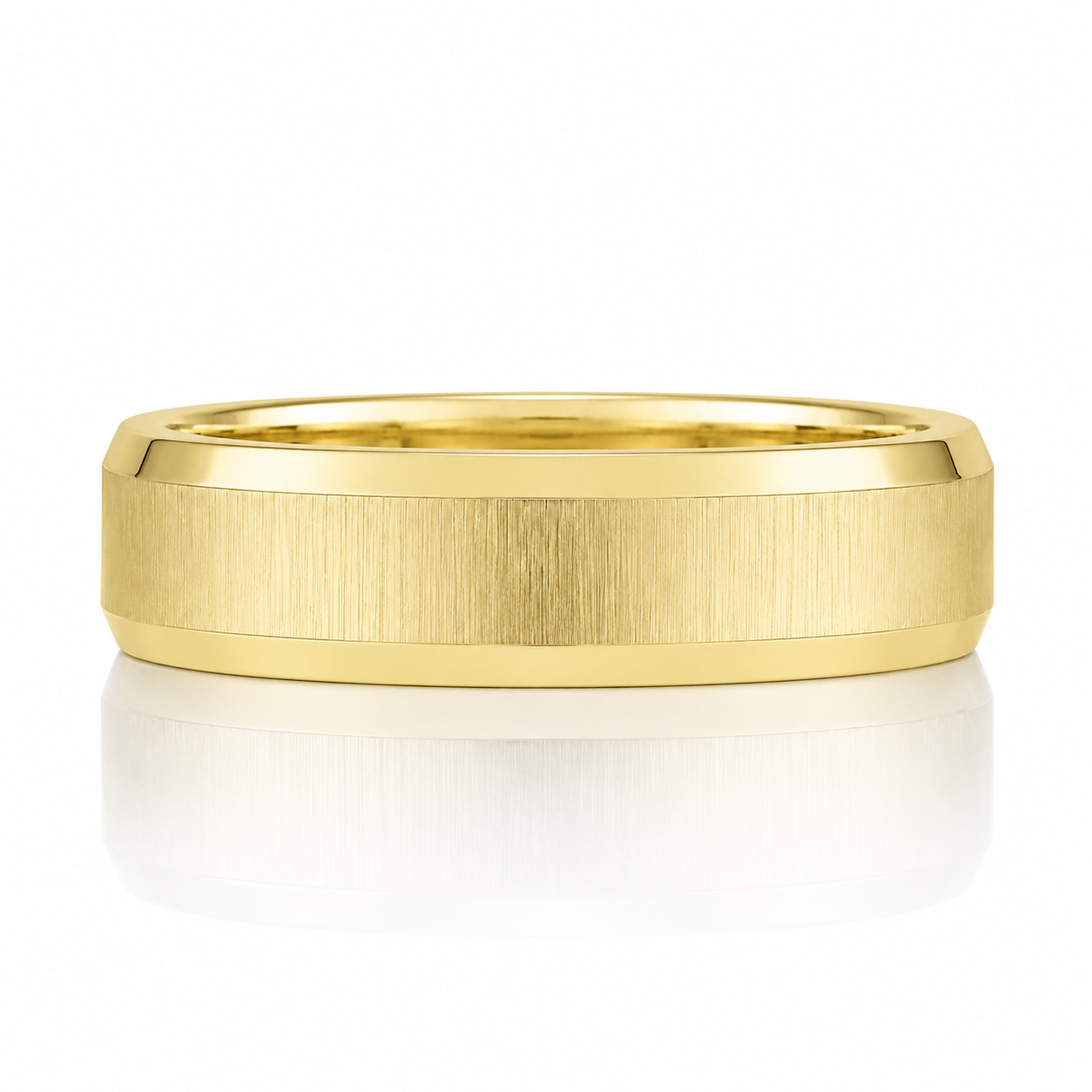 A gold ring with a textured band is shown against a white background.