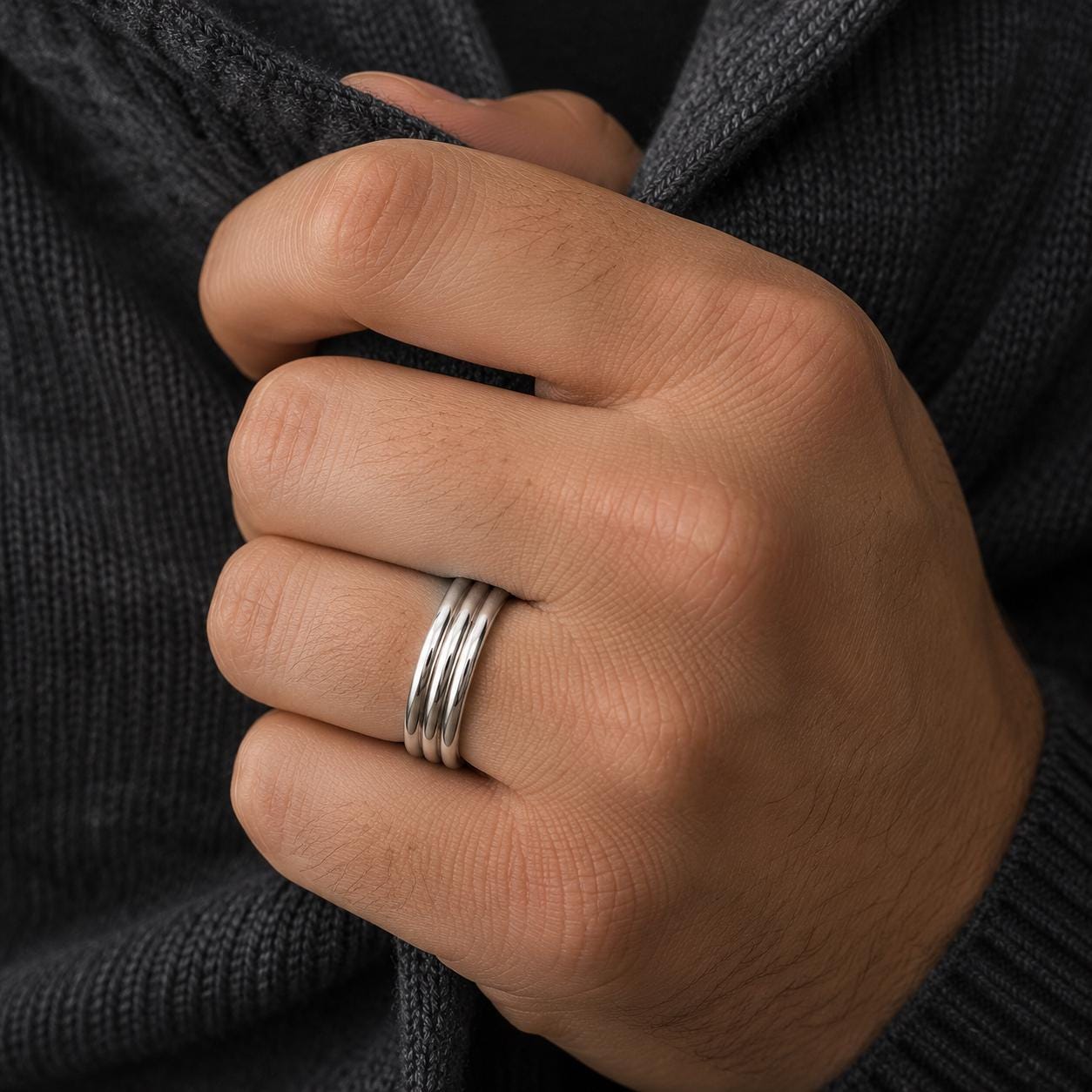 A close-up of a person's hand wearing a silver ring, with a dark sweater visible in the background.