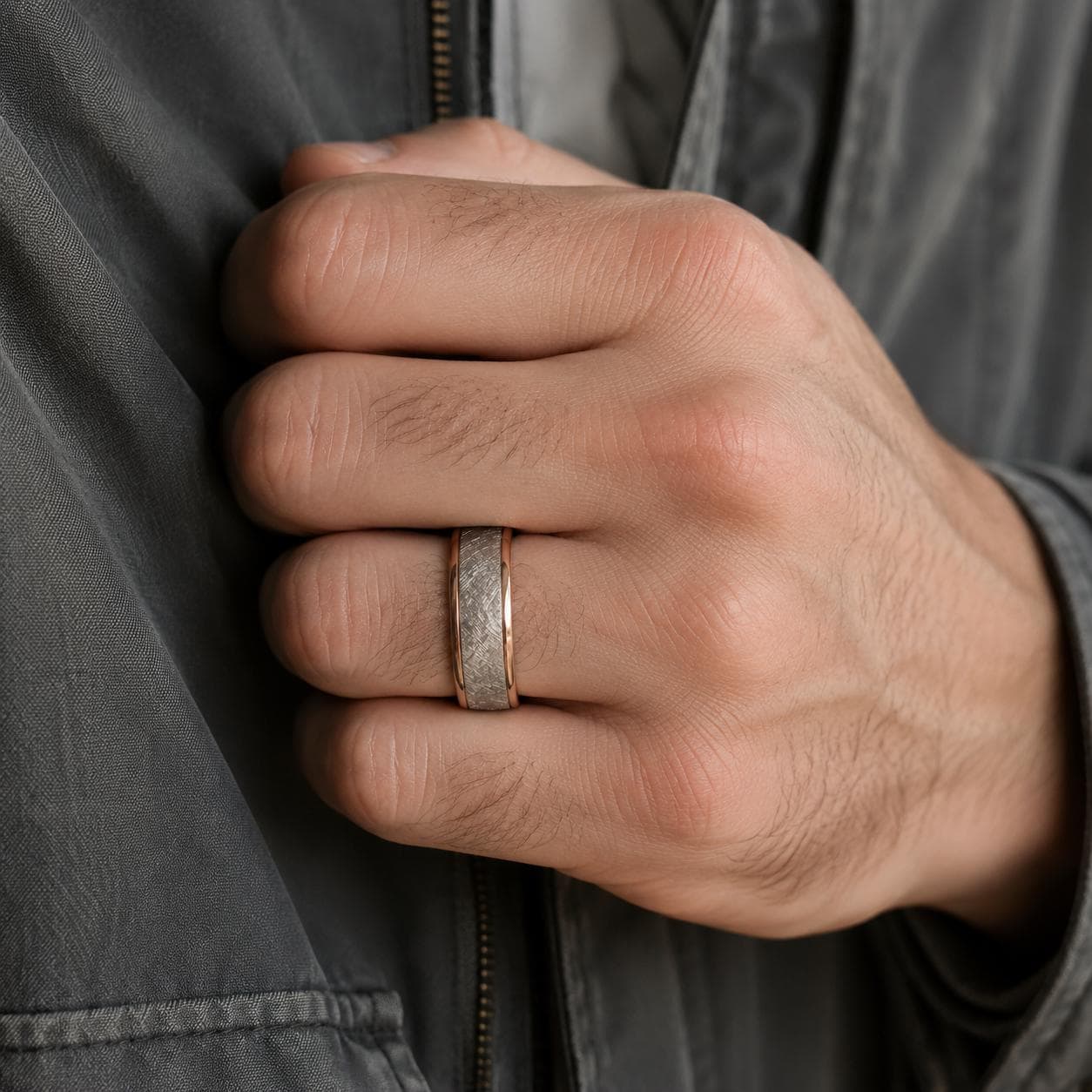 A close-up of a person's hand wearing a ring on the ring finger.