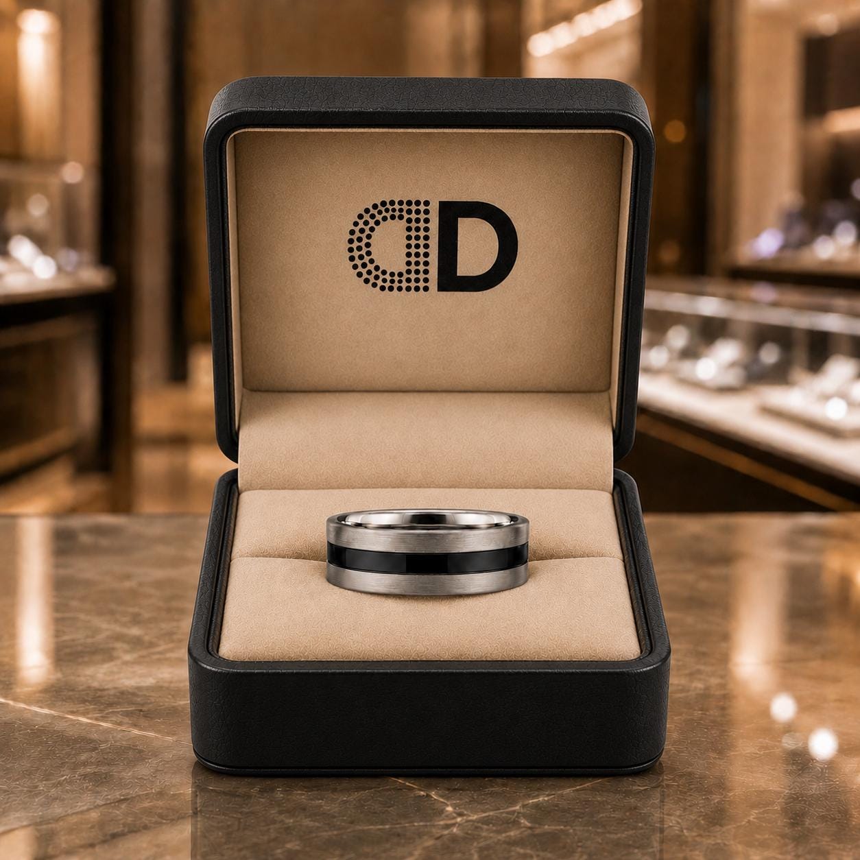 A silver ring is displayed in a black jewelry box with a logo on the lid.