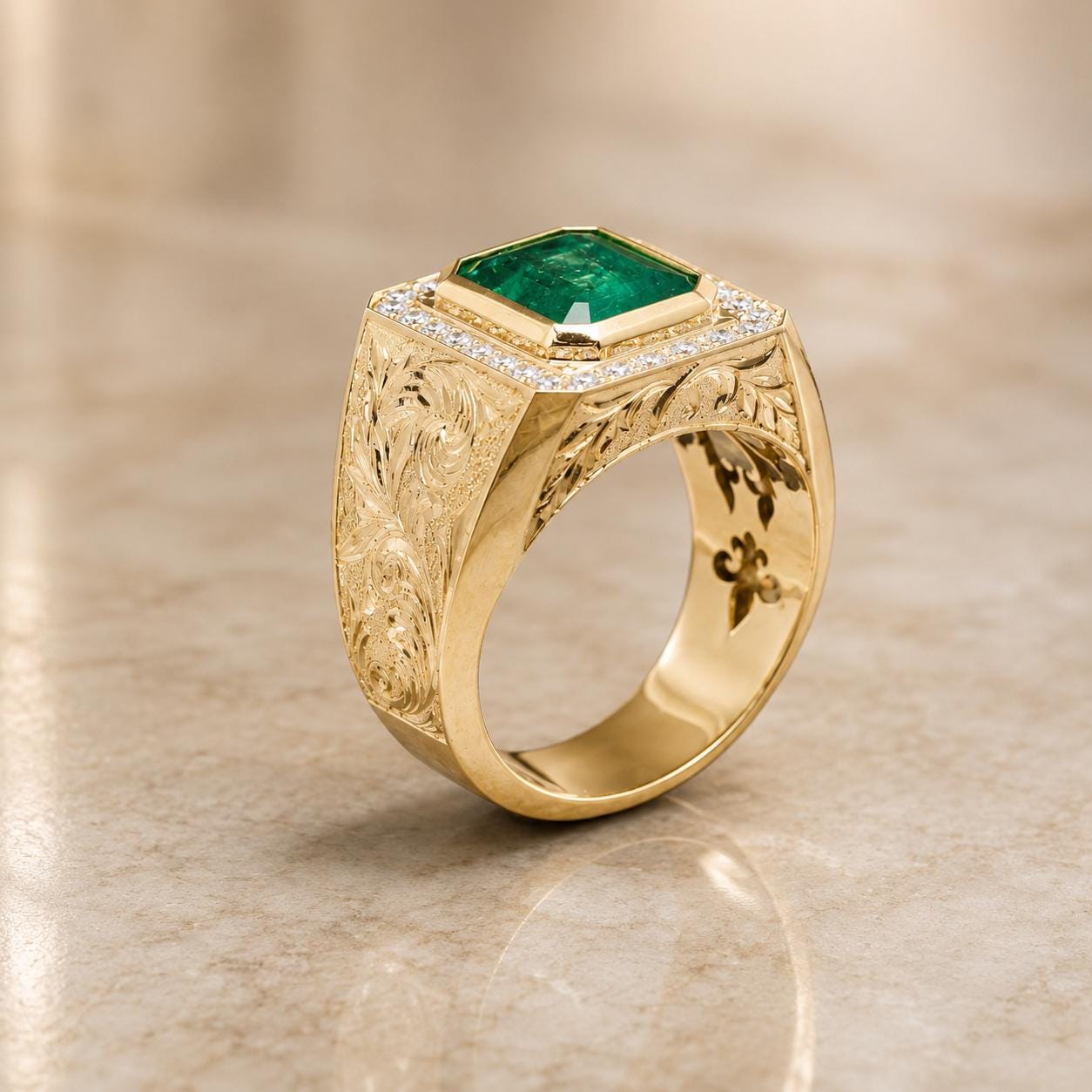 A gold ring with a large, square-cut emerald gemstone set in the center, surrounded by smaller diamonds.