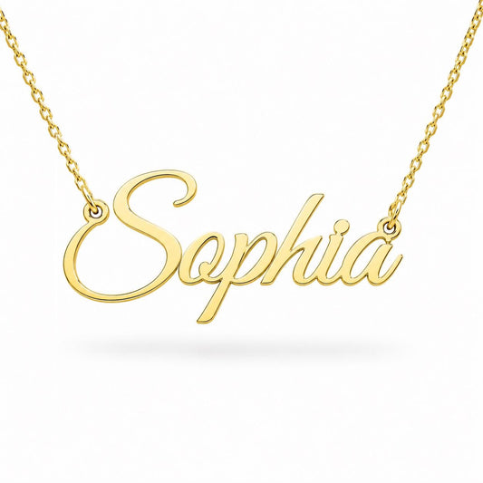 A gold-colored necklace with the word "Sophia" engraved on it.