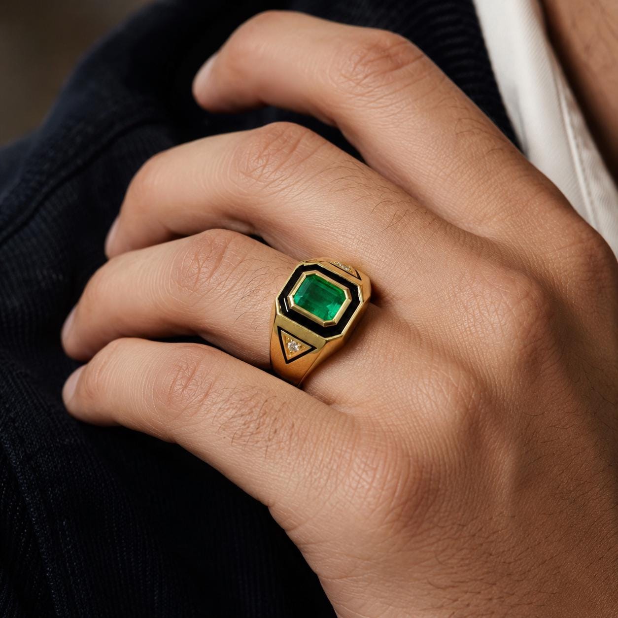 A close-up of a person's hand wearing a gold ring with a large green gemstone.
