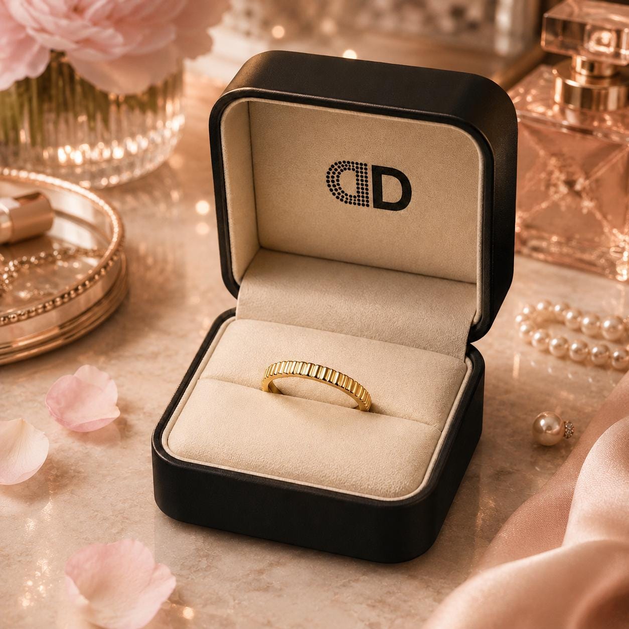 A gold ring is displayed in a black jewelry box on a marble surface, surrounded by various accessories such as pearls, a perfume bottle, and a vase with flowers.