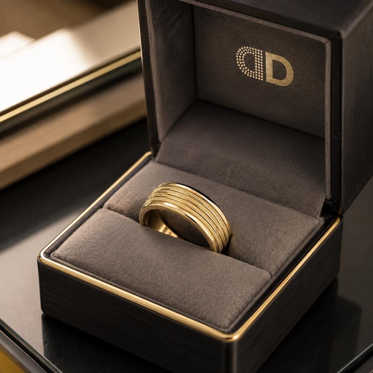 A gold ring is displayed in a black jewelry box with a gold border, placed on a black surface.