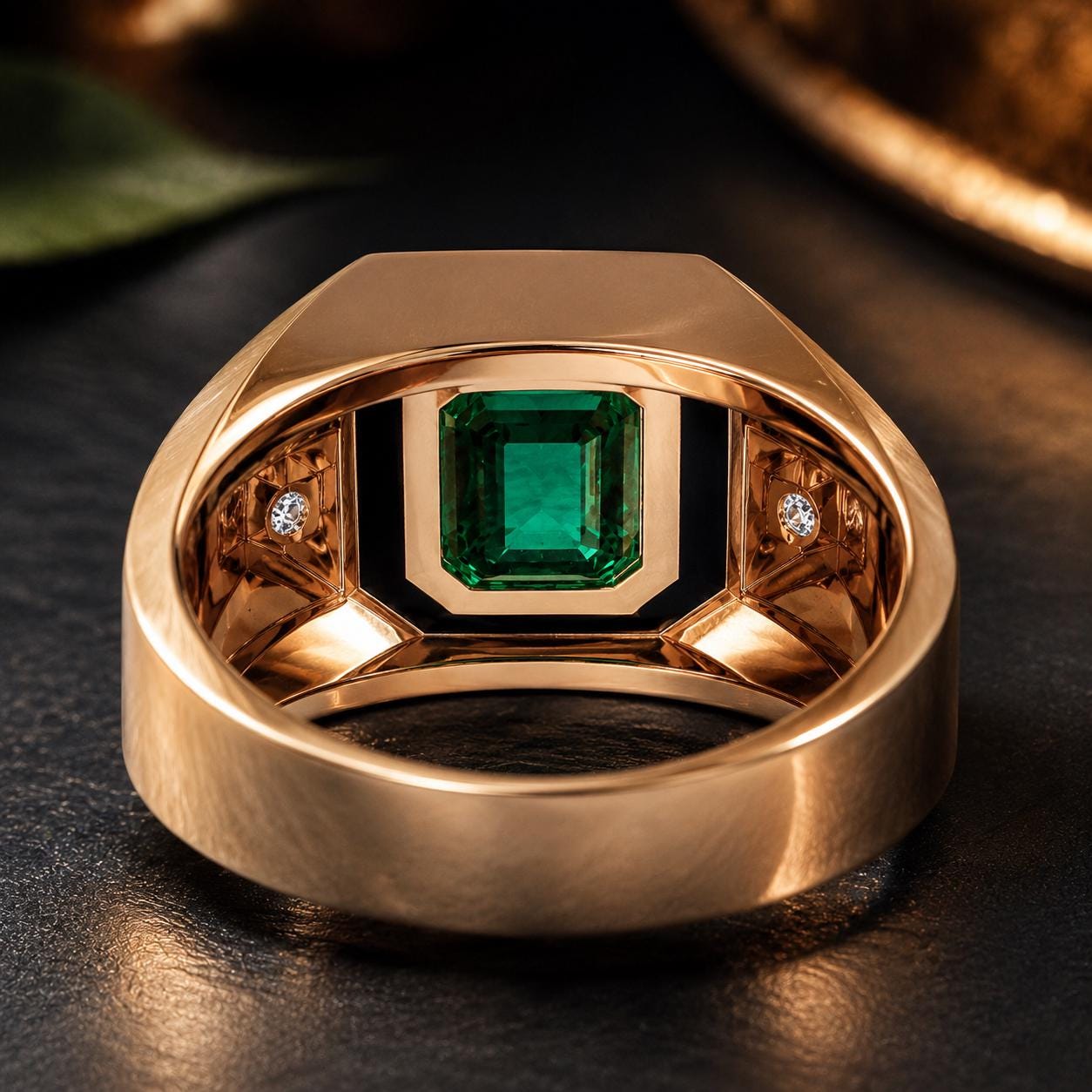 A gold ring with a large green gemstone in the center, surrounded by smaller diamonds.
