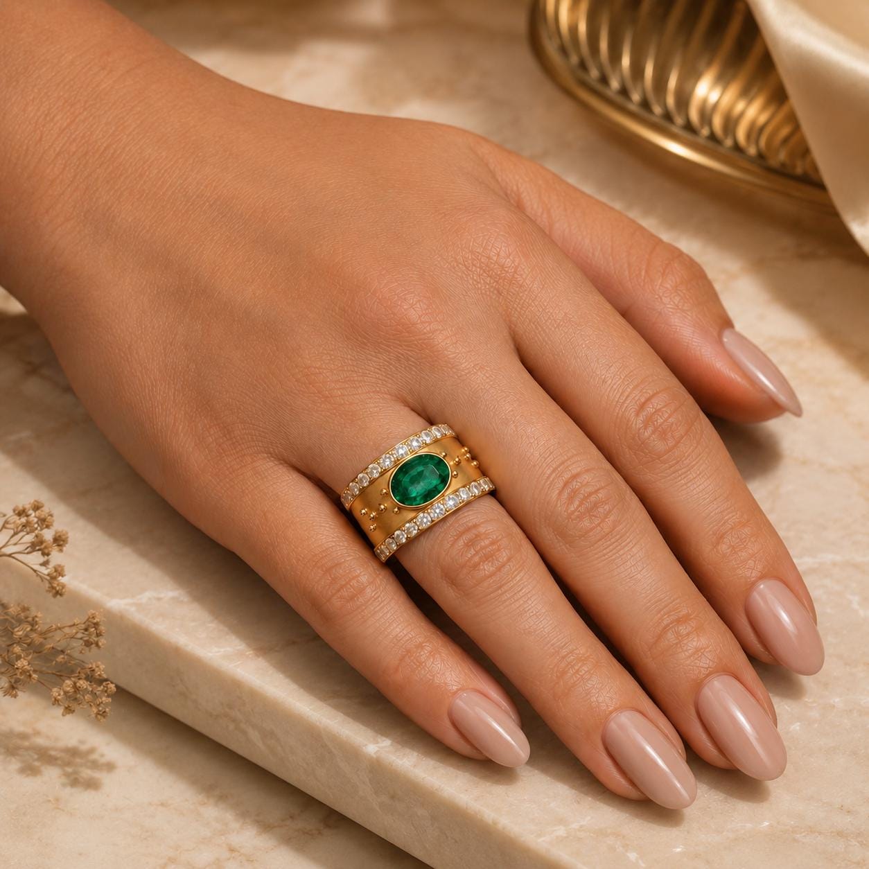 A close-up of a hand wearing a gold ring with a large green gemstone, resting on a marble surface.