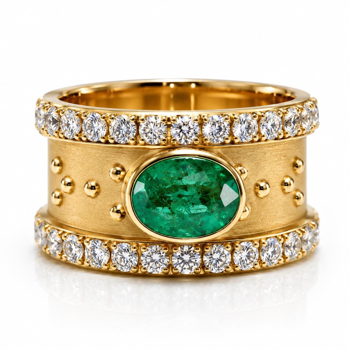 A gold ring with a large oval-shaped gemstone in the center, surrounded by smaller diamonds.