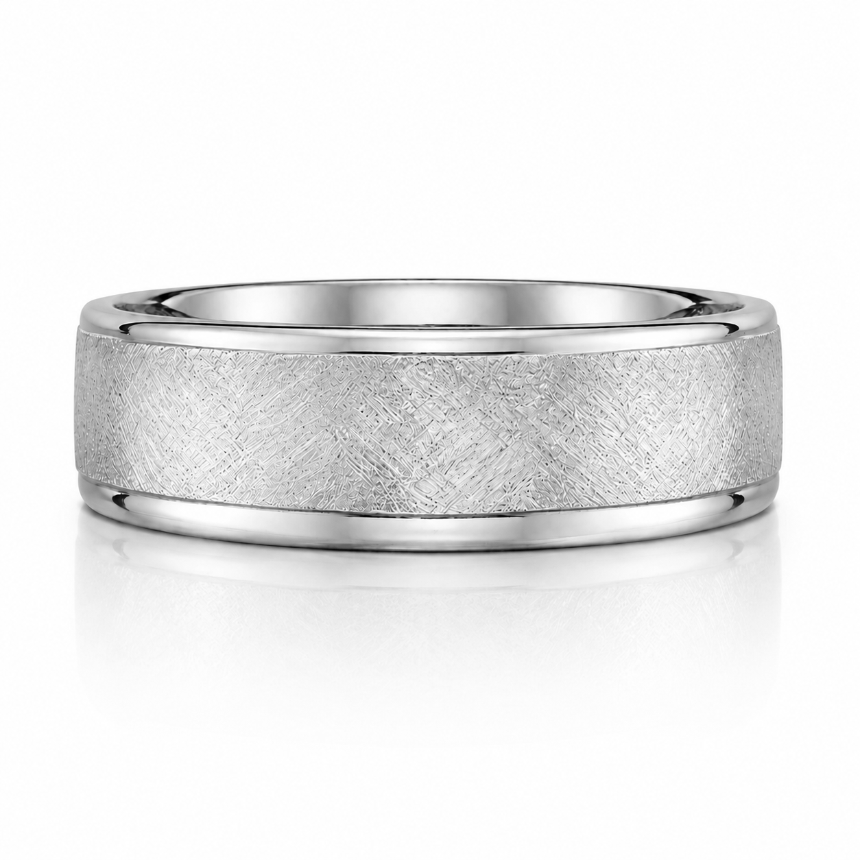A silver ring with a textured band design.