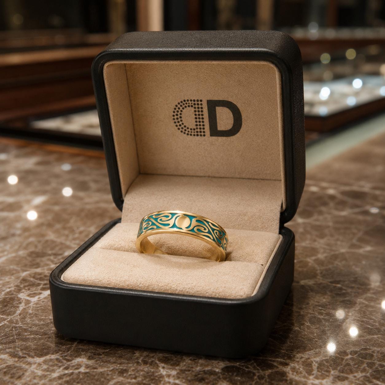 A gold ring with a green and blue design is displayed in a black jewelry box with the letters 'CD' printed on it.