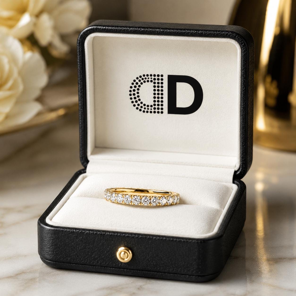 A gold ring with a diamond band is displayed in a black jewelry box with a white interior, placed on a marble surface.