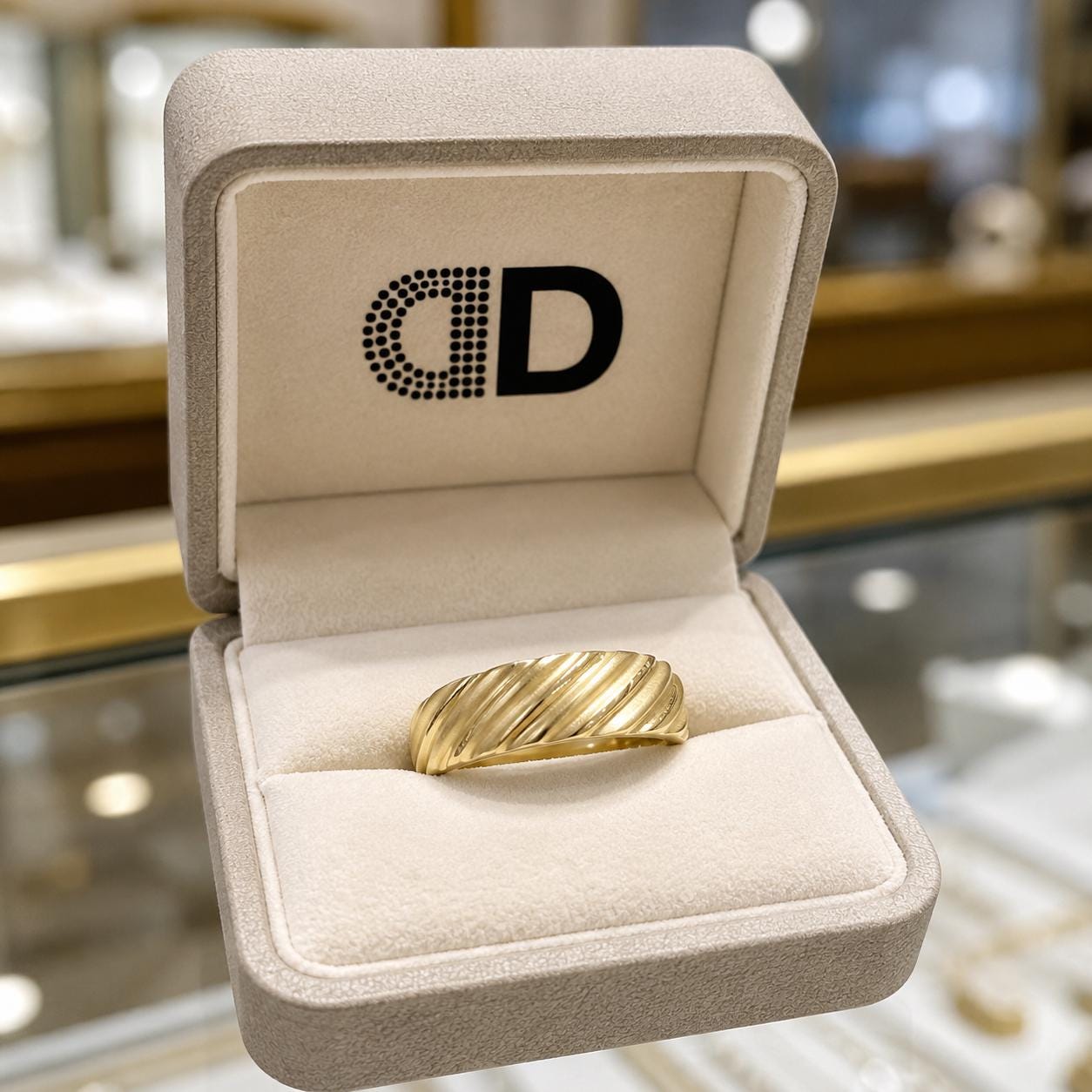 A gold ring is displayed in a white jewelry box with a black logo on the lid.