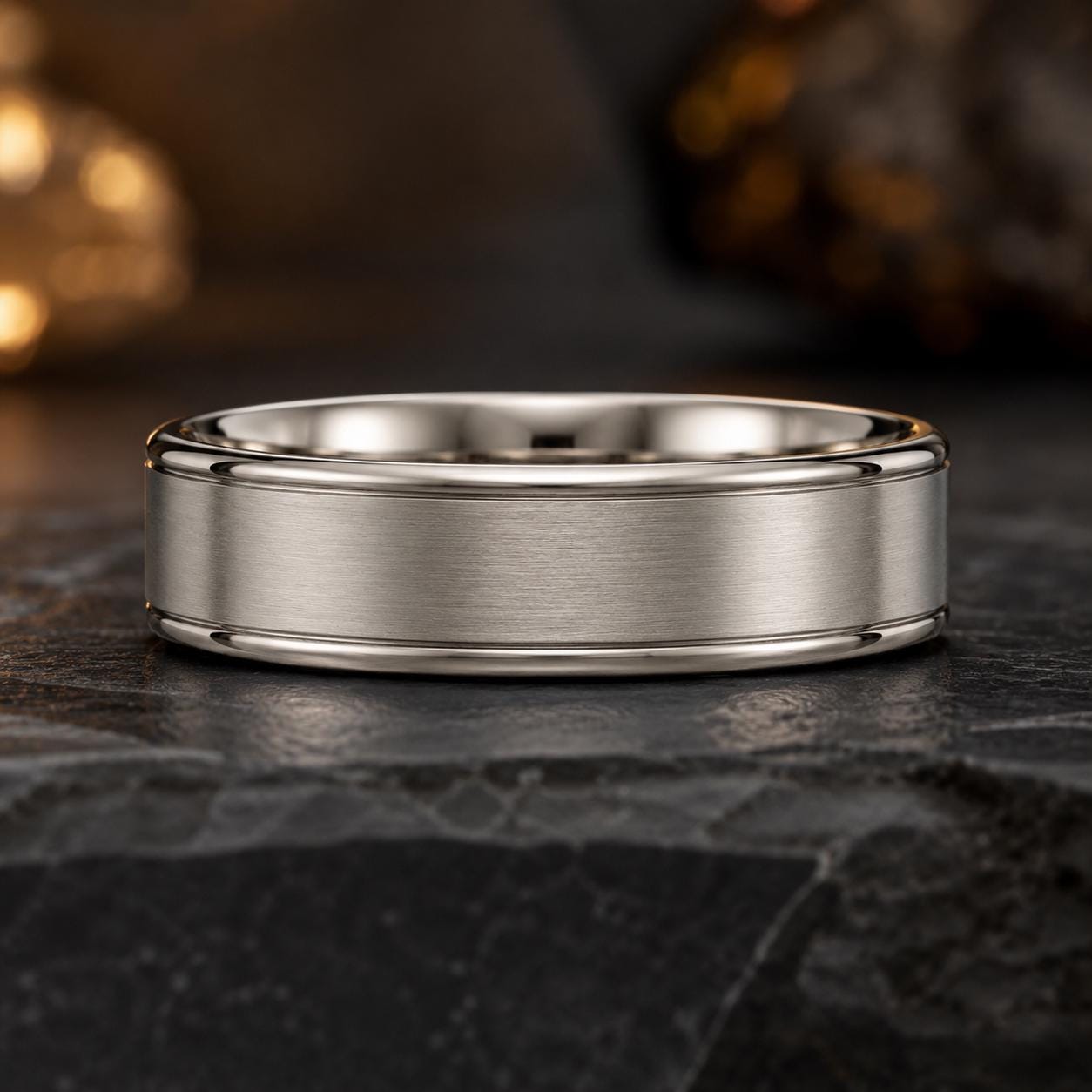 A silver ring with a smooth, polished surface sits on a dark surface, possibly a stone or a black background.