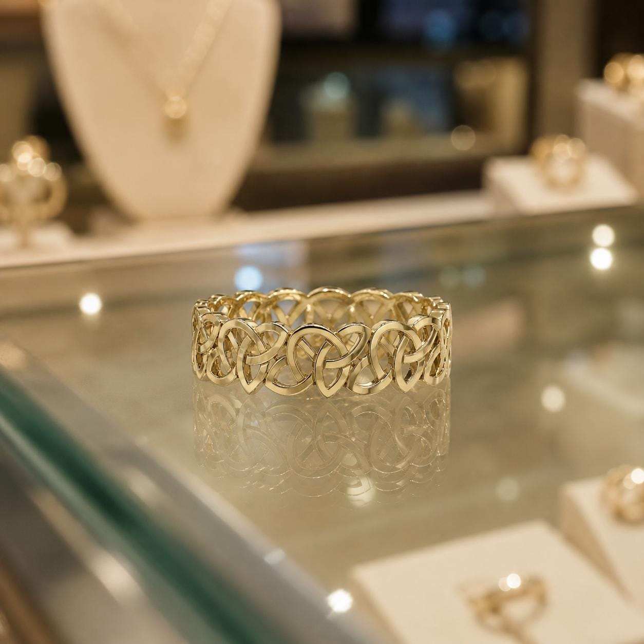 A gold bracelet with intricate braided designs is displayed on a glass counter in a jewelry store.