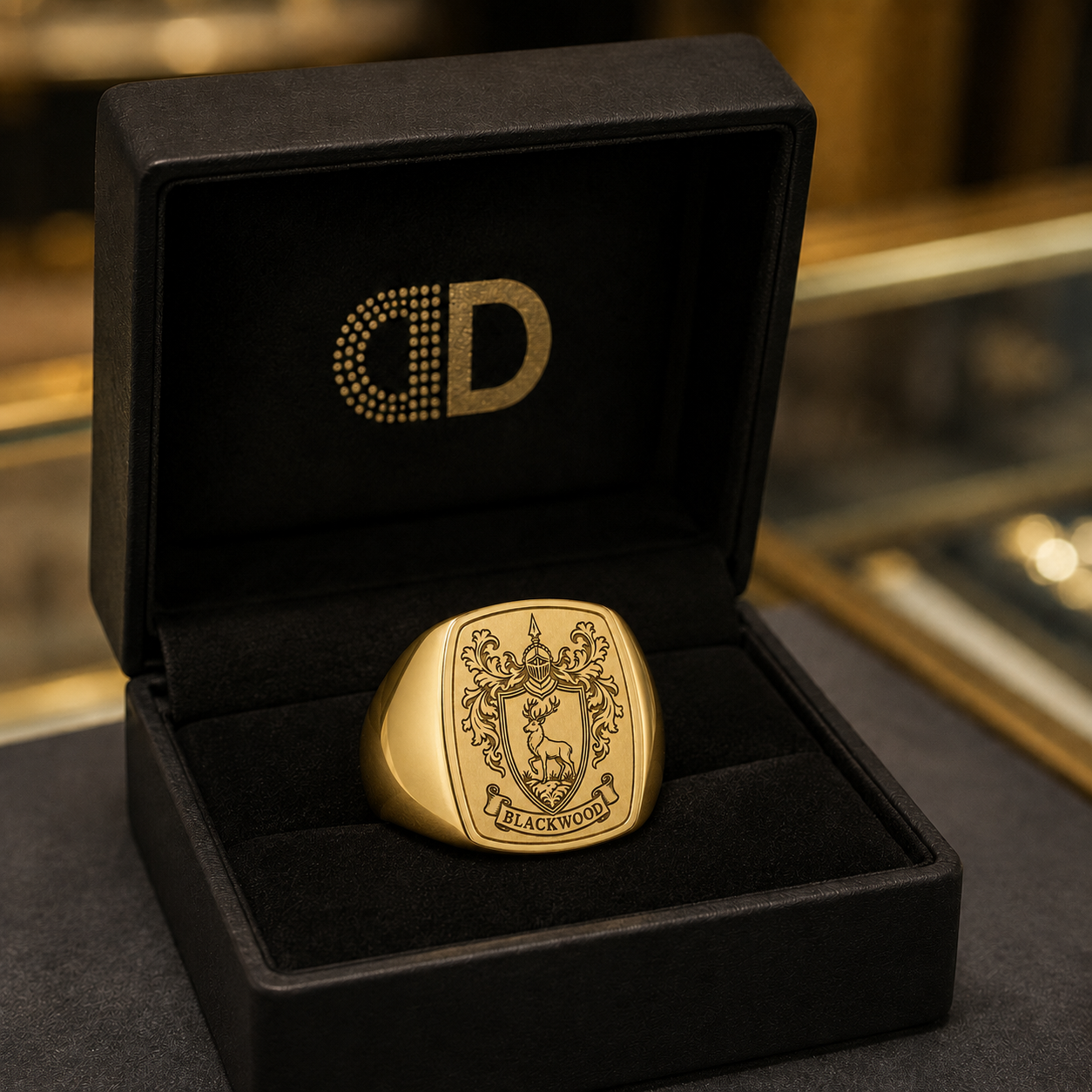 A gold ring is displayed in a black jewelry box with a gold emblem on the lid.