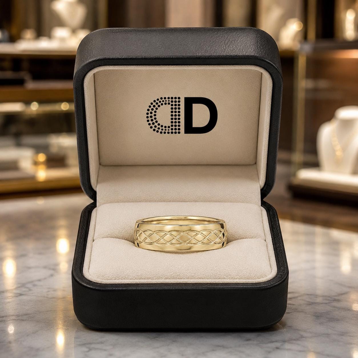 A gold ring is displayed in a black jewelry box with a white interior, placed on a marble countertop.