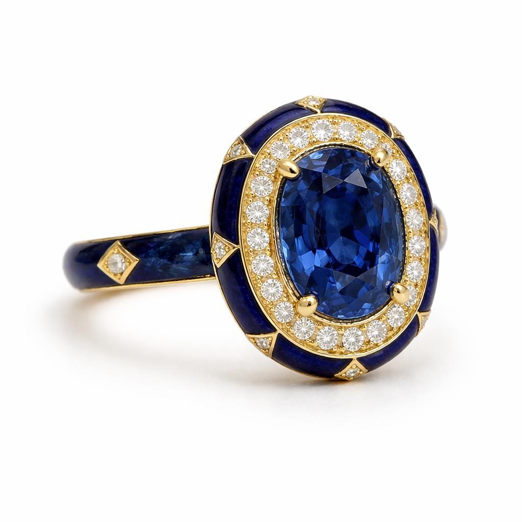 A stunning blue gemstone ring with a gold band and a diamond-encrusted border.