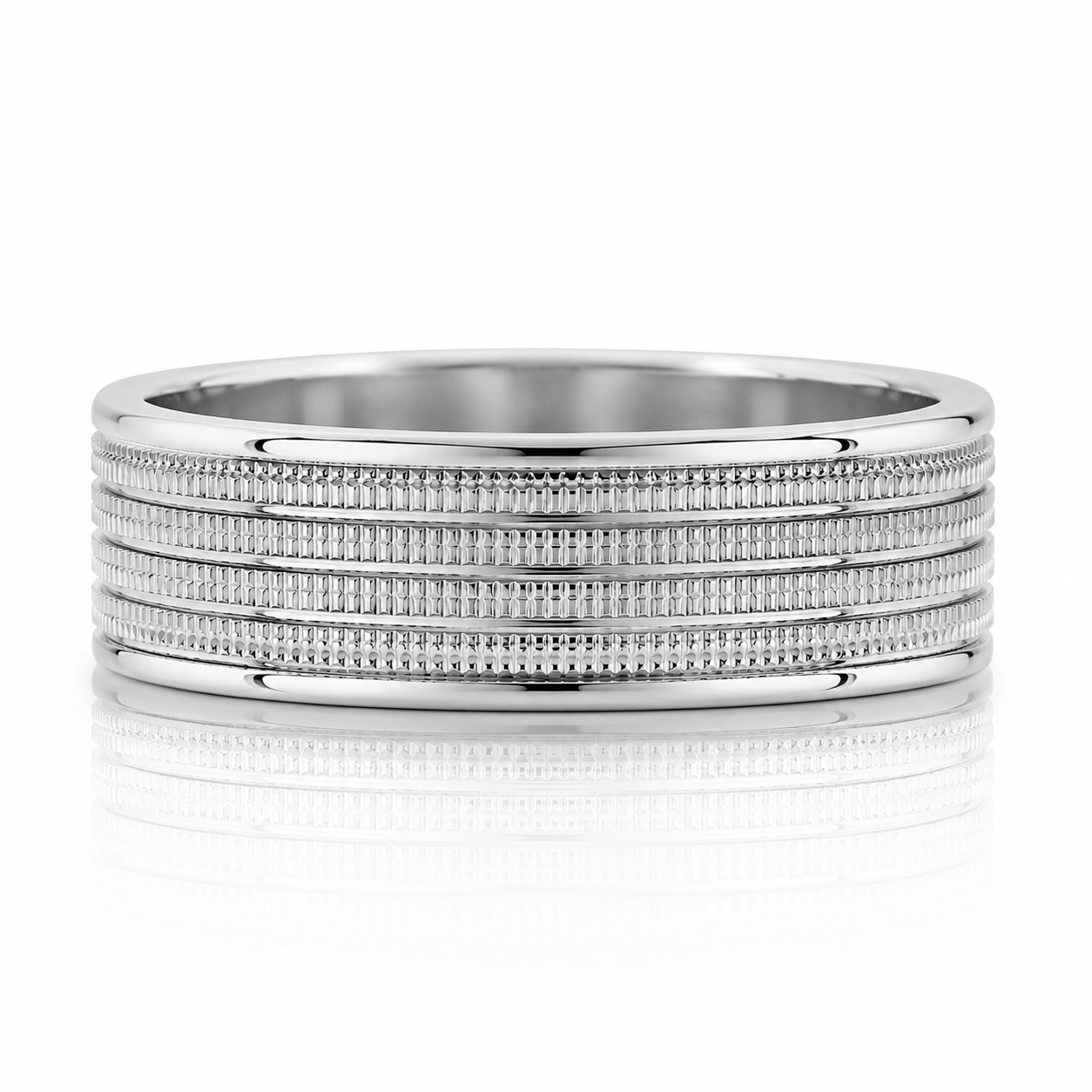 A silver ring with a textured band design.