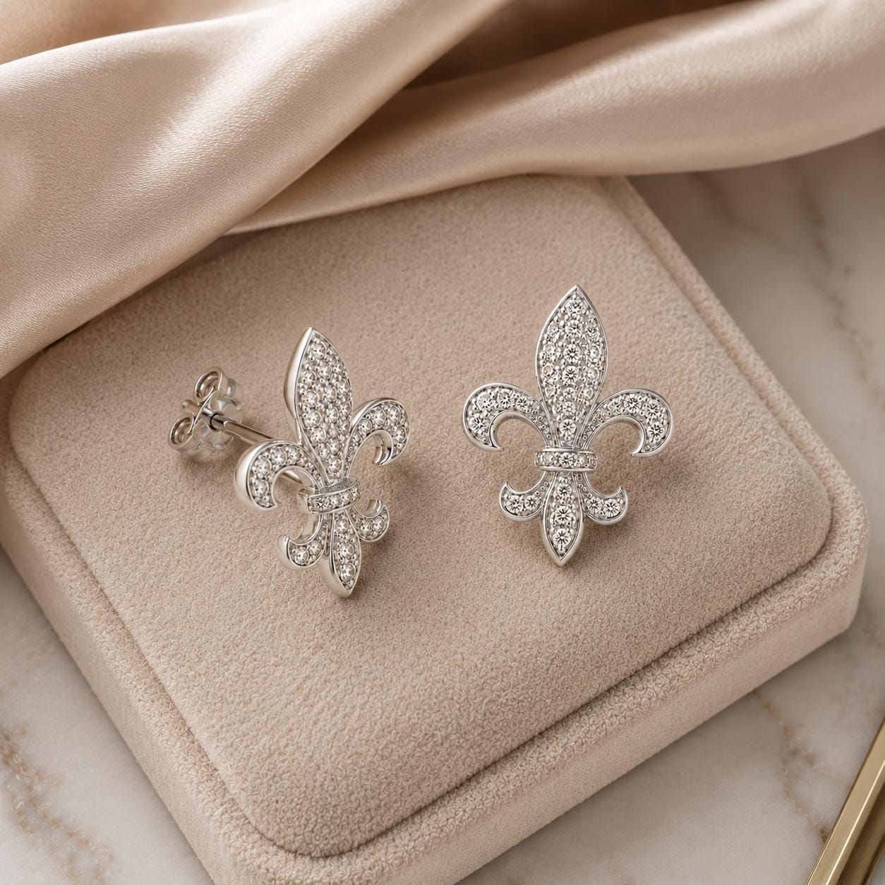 A pair of elegant silver earrings with sparkling diamond accents, displayed on a beige velvet stand.