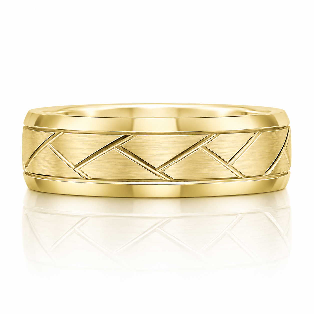 A gold ring with a geometric pattern design.