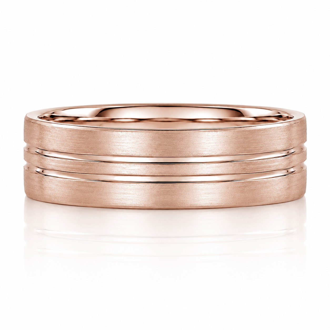 A rose gold ring with a textured surface and three horizontal bands.