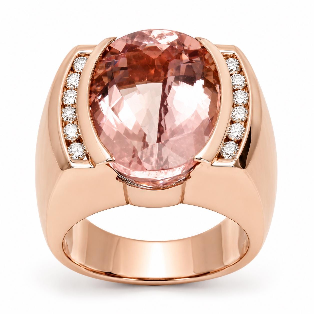 A large, oval-shaped pink gemstone set in a rose gold ring with a row of smaller diamonds along the band.