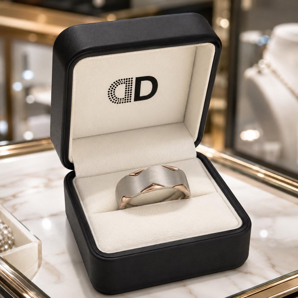A silver ring is displayed in a black jewelry box with a white interior, placed on a marble countertop.